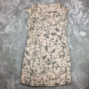 Linen Luv Linen Dress Large Italy  Beige Printed Floral Pockets Coastal Cottage